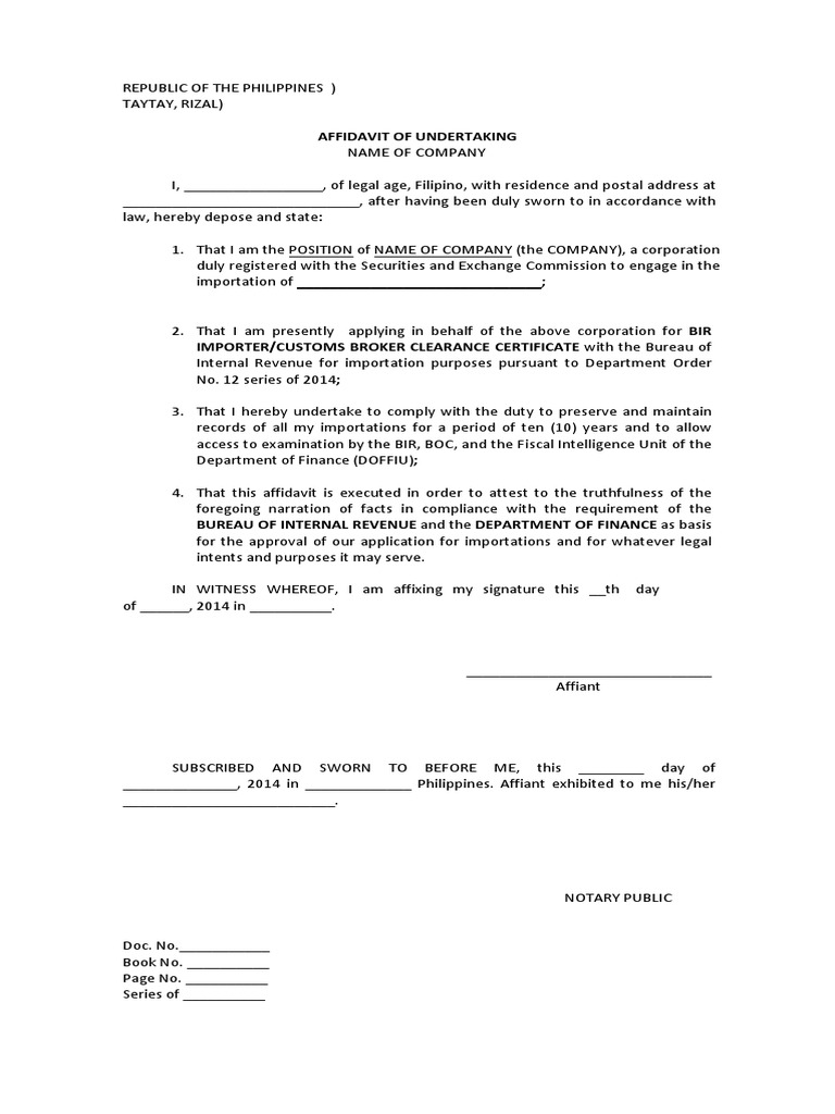 Customs Importation Undertaking Template  PDF Inside legal undertaking template