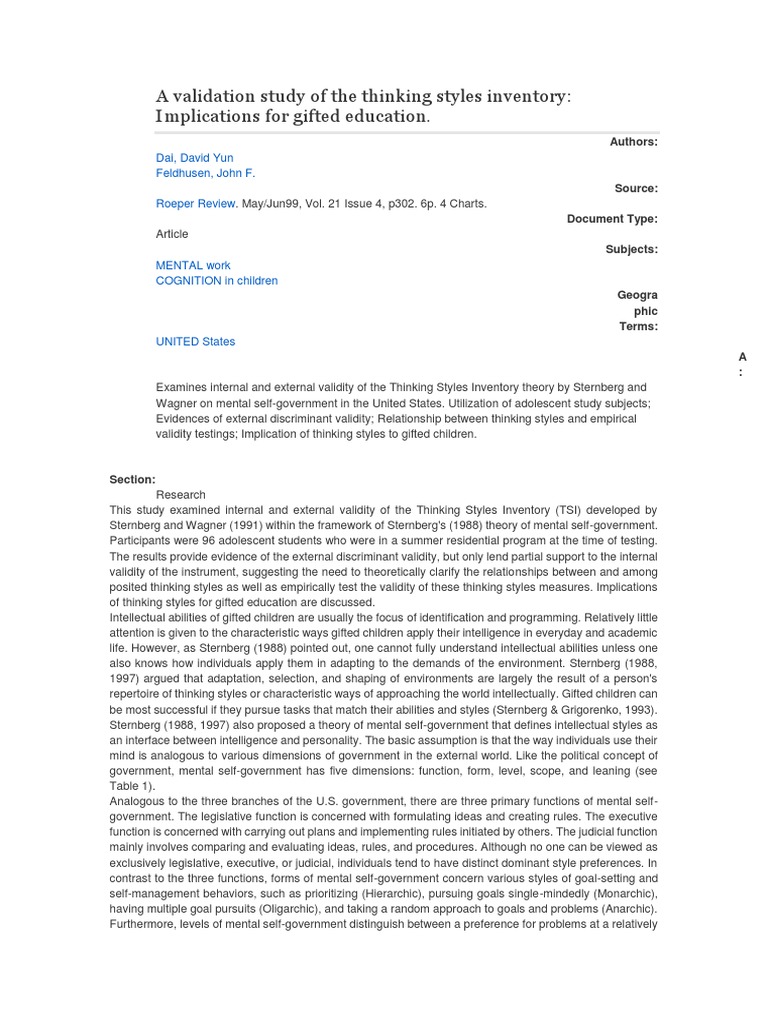 A Validation Study Of The Thinking Styles Inventory Pdf