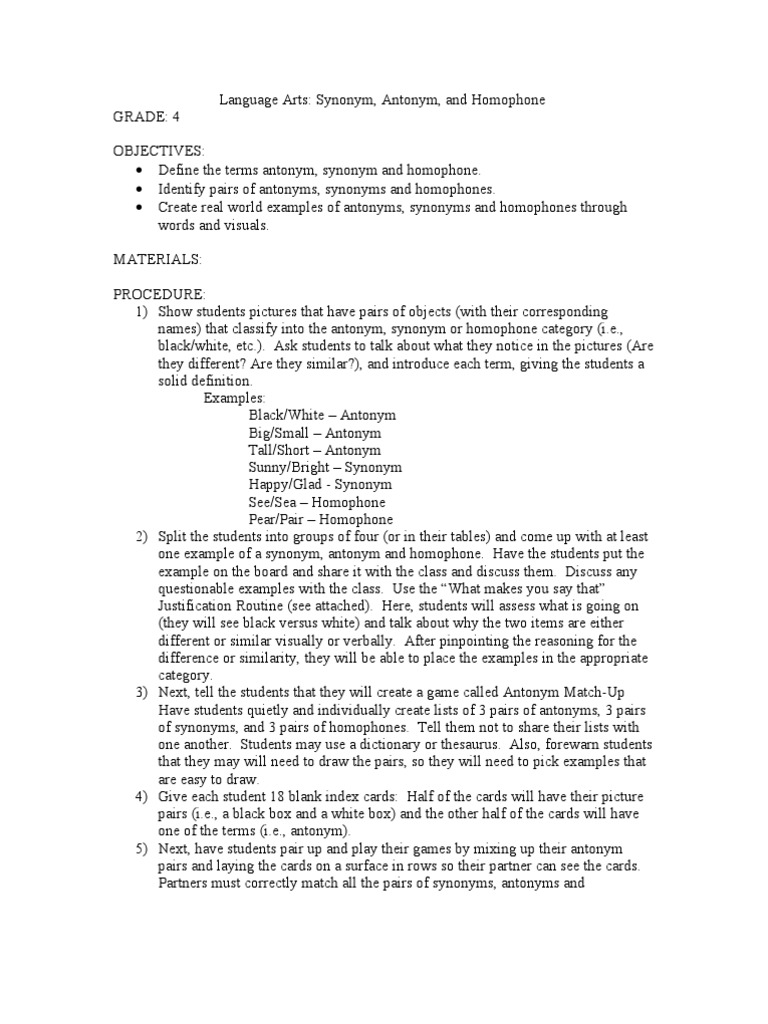 Lesson Plan Synonym Antonym Homophone Communication Cognition