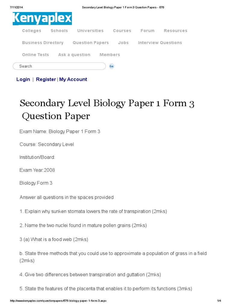 Secondary Level Biology Paper 1 Form 3 Question Papers - 676 | Earth ...
