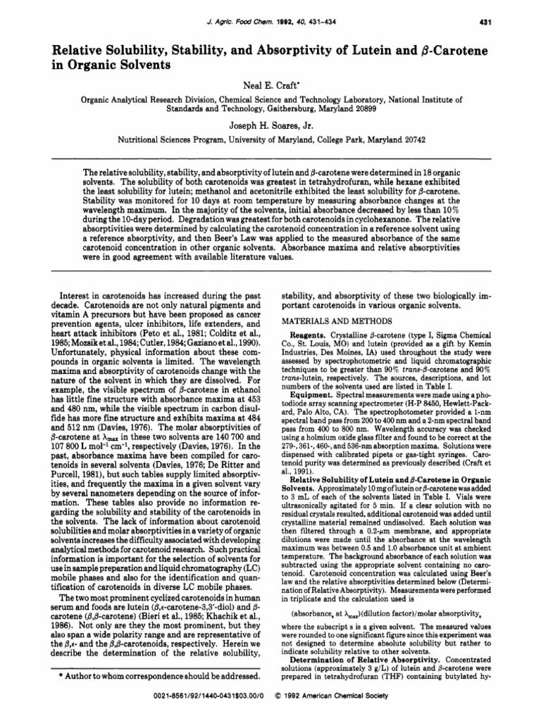 Relative Solubility Stability and Absorptivity of Lutein and BCarotene