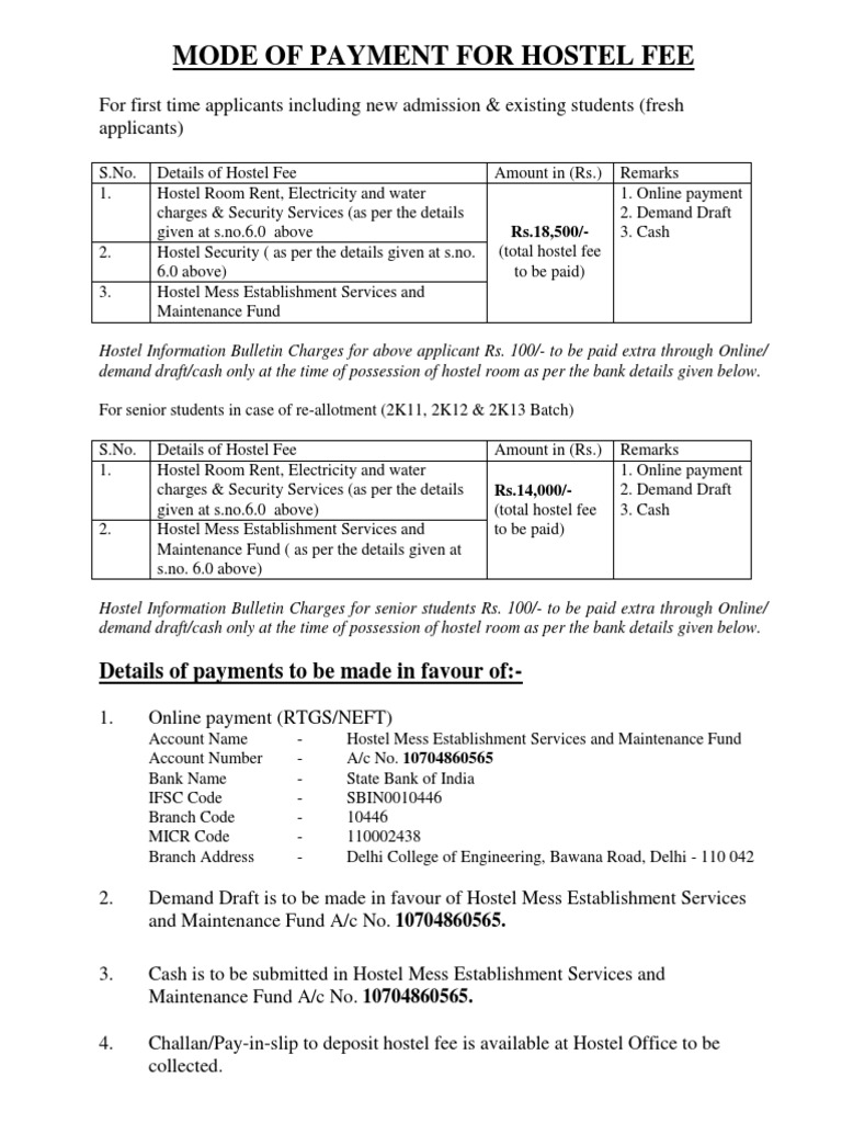 The Latest Fee Structure and Mode of Payment of Hostels at Delhi