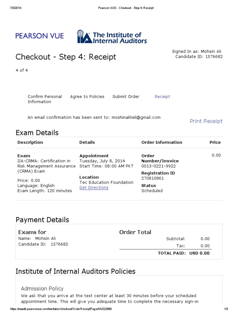 Pearson VUE Checkout Step 4_ Receipt Receipt Identity Document