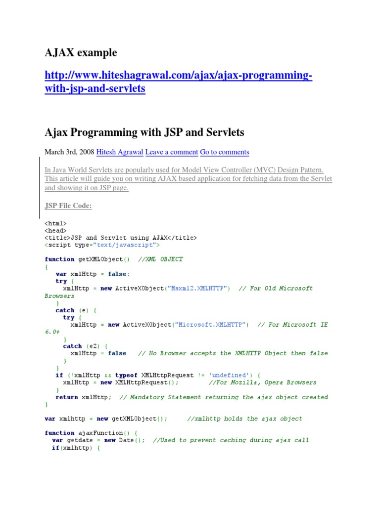 WithJspAndServlets AJAX Example PDF Ajax (Programming) Java