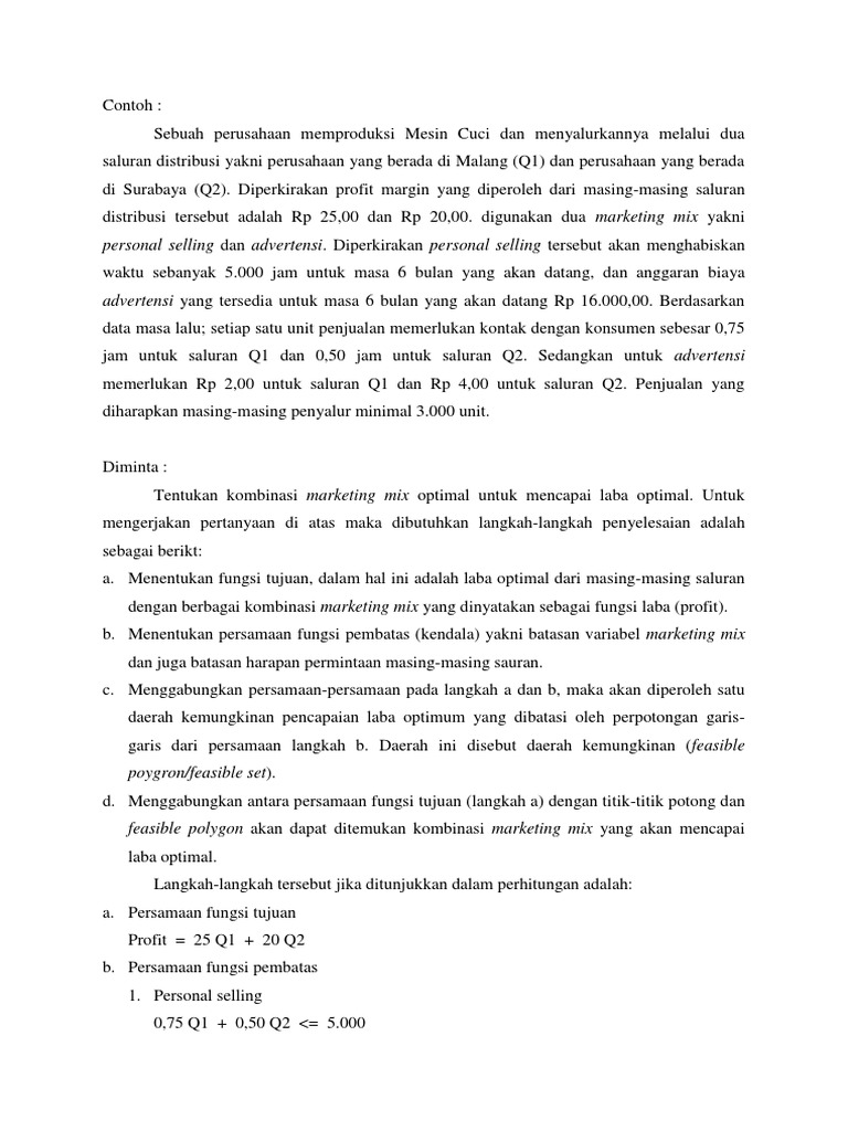 Contoh Soal Model Liner Marketing Mix