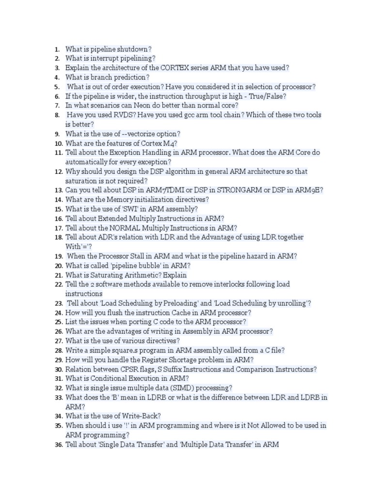 ARM Processors Interview Questions PDF Arm Architecture Digital