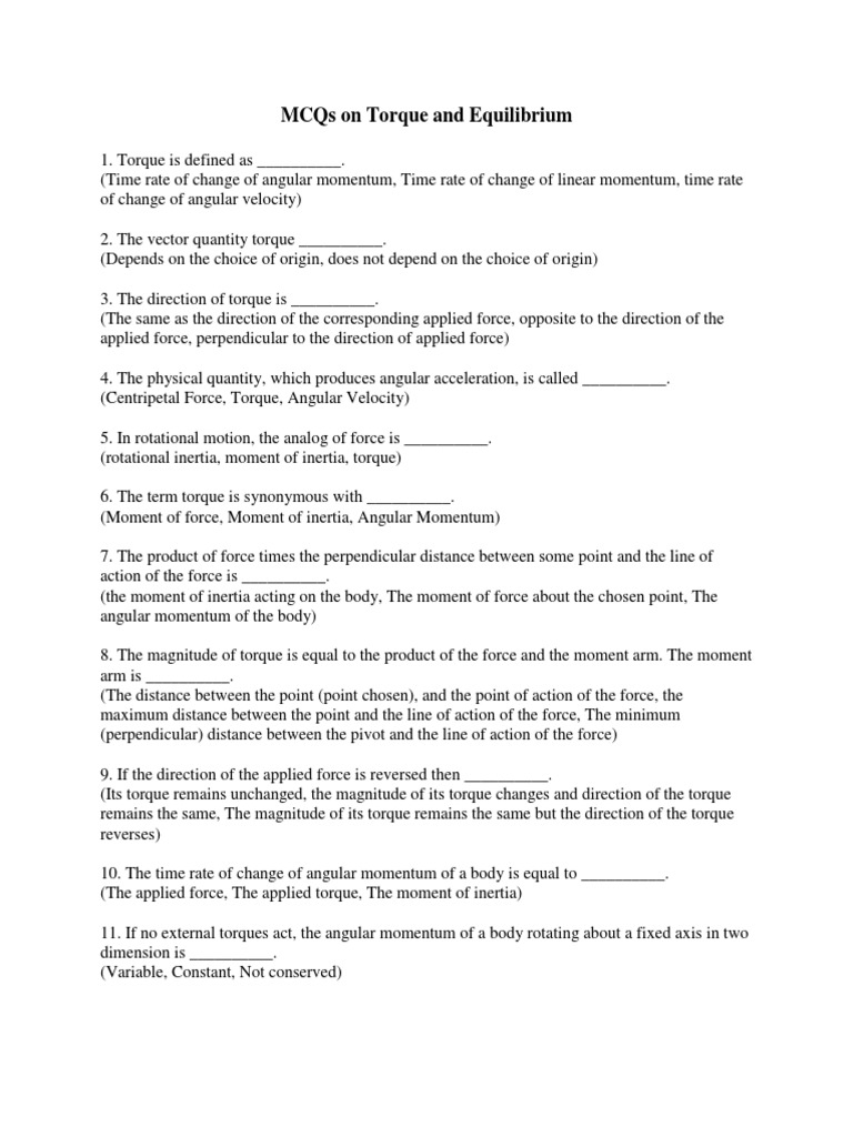 MCQs on Torque and Equilibrium Concepts | PDF | Torque | Rotation ...