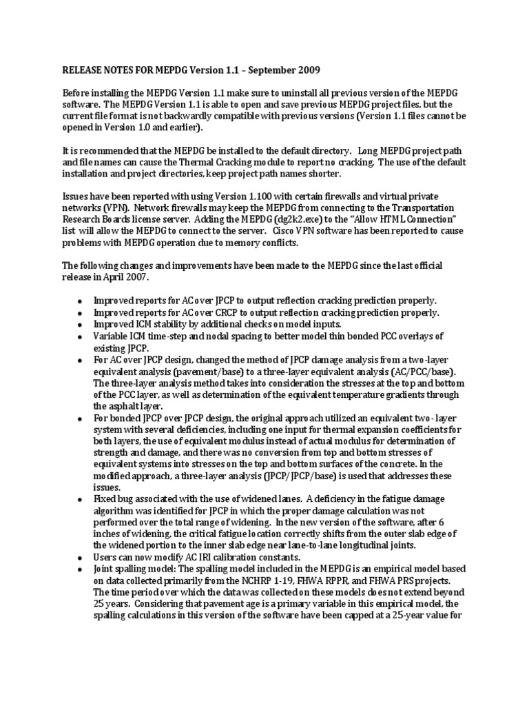 RELEASE NOTES FOR MEPDG Version 1.1 - September 2009 | PDF | Fatigue ...