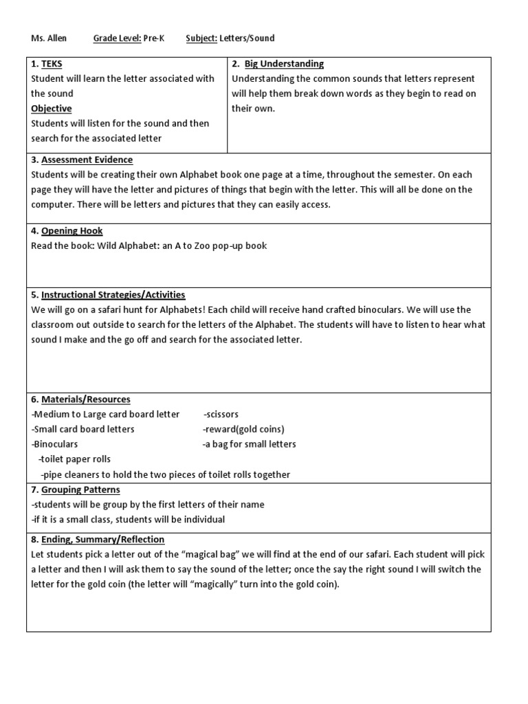 Teks 2. Big Understanding: Ms. Allen Grade Level: Pre-K Subject ...