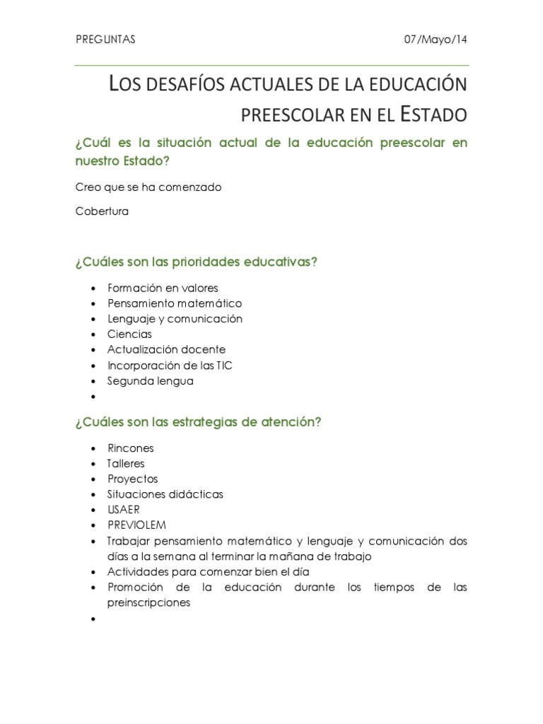 PREGUNTAS Los Desafíos Actuales de La Educación Preescolar en El Estado ...