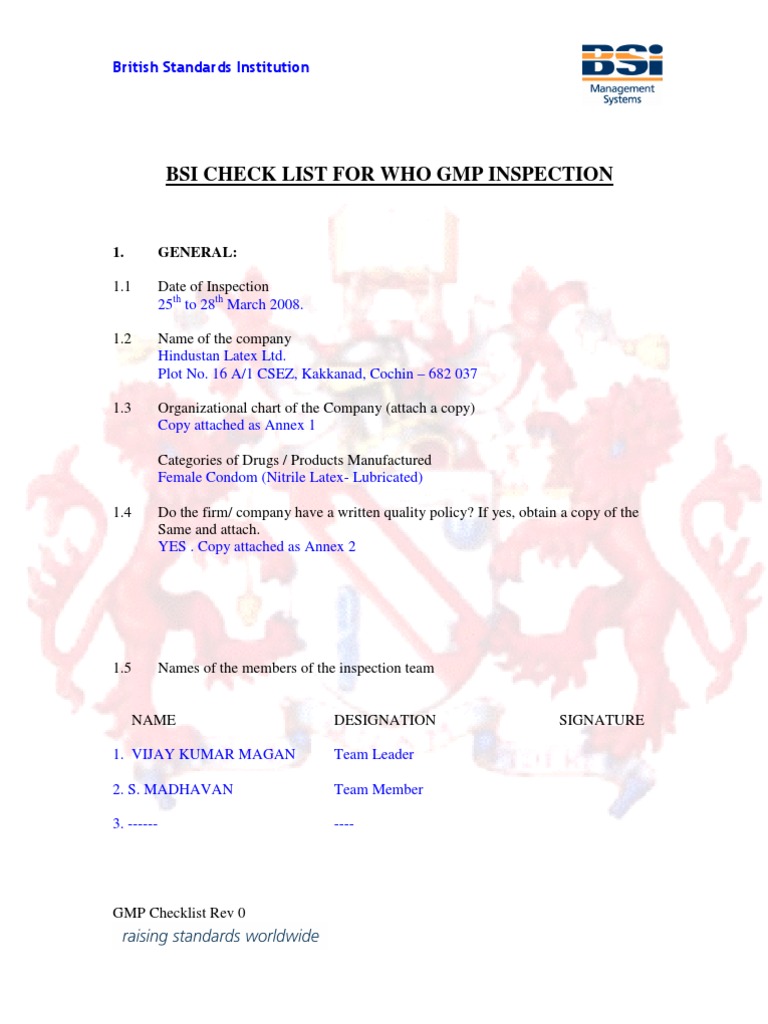 Bsi Check List For Who GMP Inspection: 1. General | PDF | Calibration ...