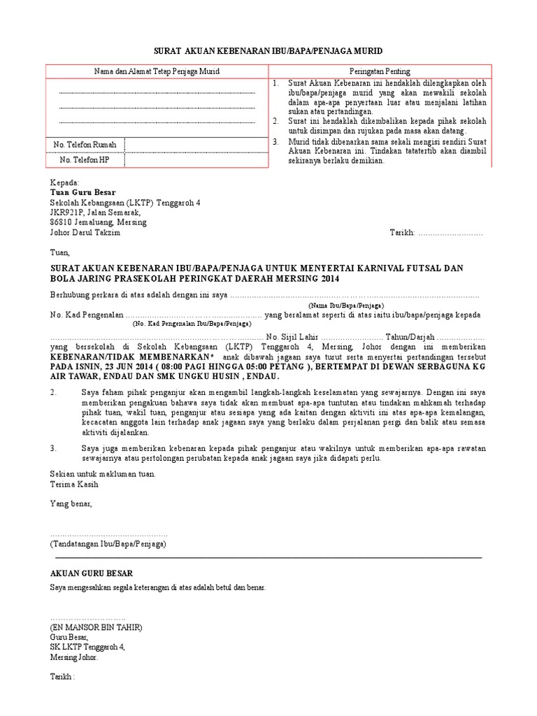 Contoh Surat Kebenaran Ibubapa Pdf