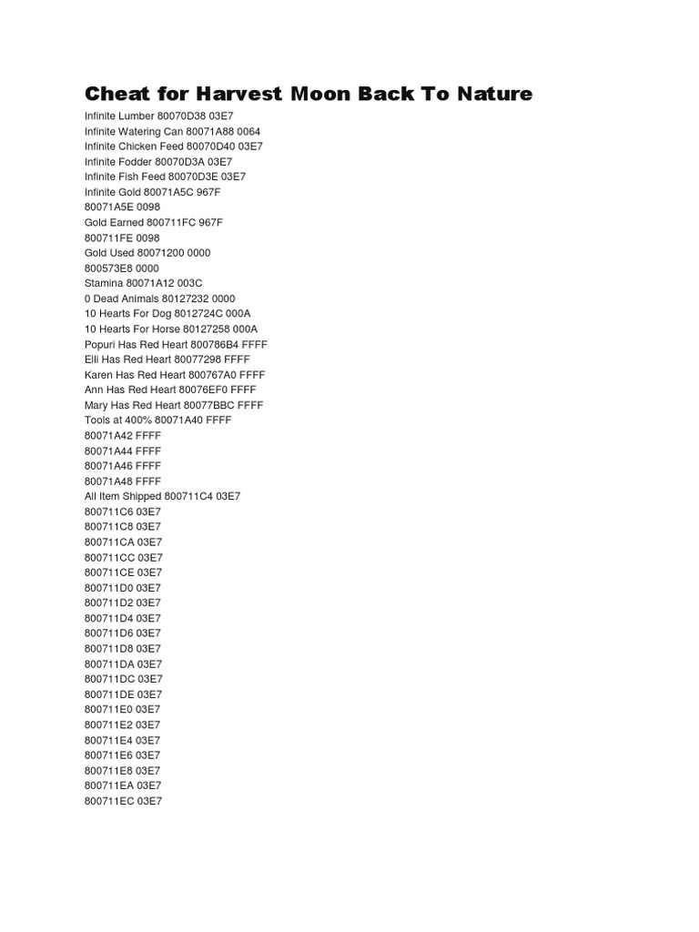 Cheat For Harvest Moon Back To Nature PDF