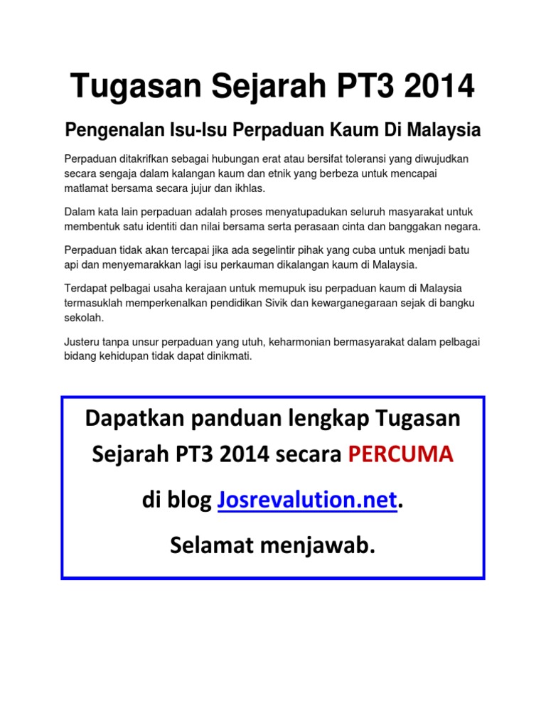 Pengenalan Isu Perpaduan Kaum Tugasan Sejarah PT3 2014  PDF