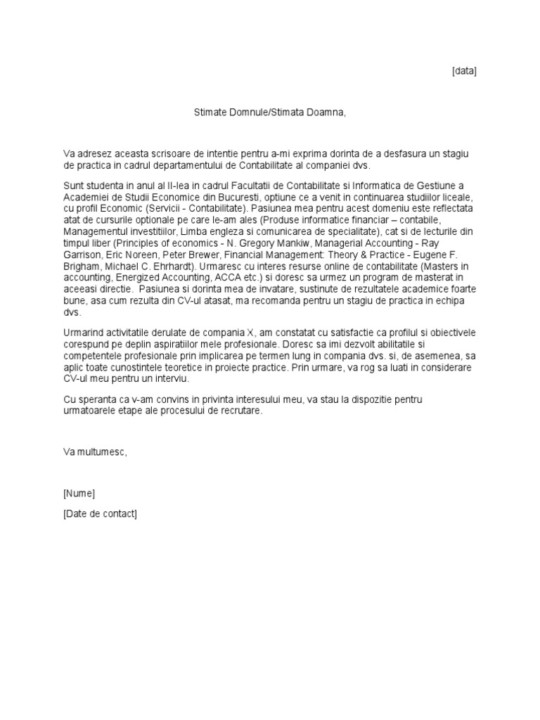 Model Scrisoare de Intentie Practica | PDF