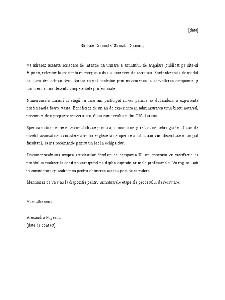 Model Scrisoare de Intentie Secretara