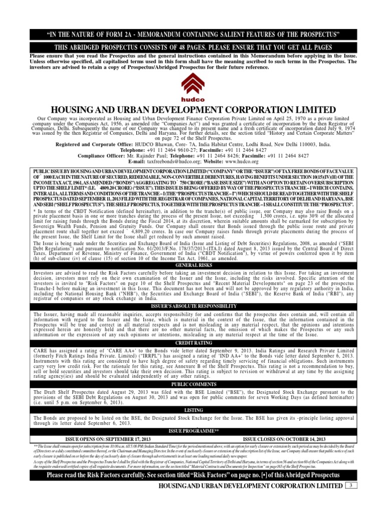HUDCO Tax-Free Bonds Prospectus | PDF | Securities Act Of 1933 ...