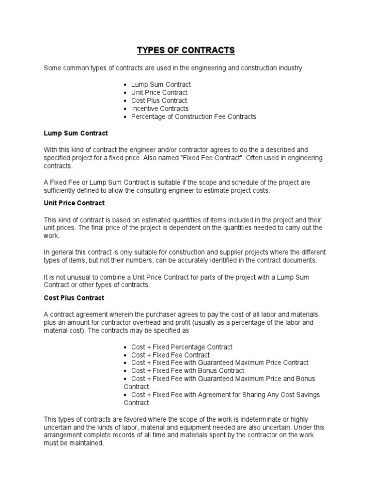 Types of Contracts PDF Fee Business Economics