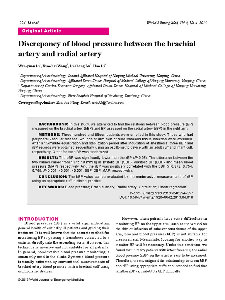 Image showcasing Discrepancy of Blood Pressure Between The Brachial Artery and Radial ...
