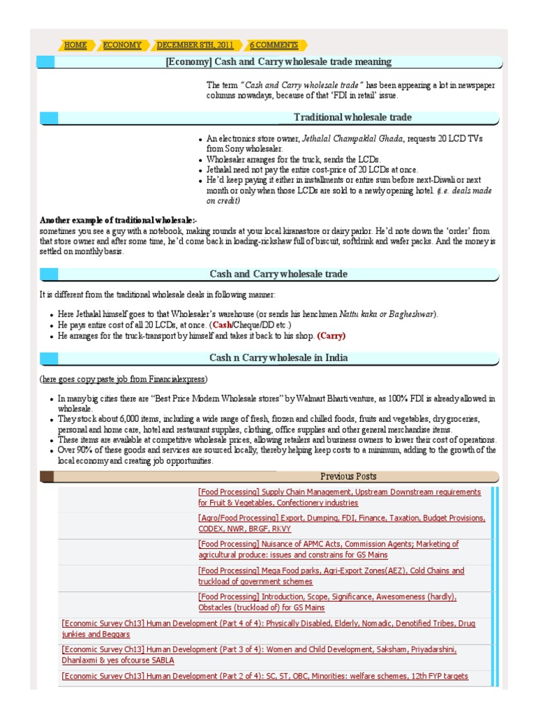 (Economy) Cash and Carry Wholesale Trade Meaning Mrunal PDF Grocery