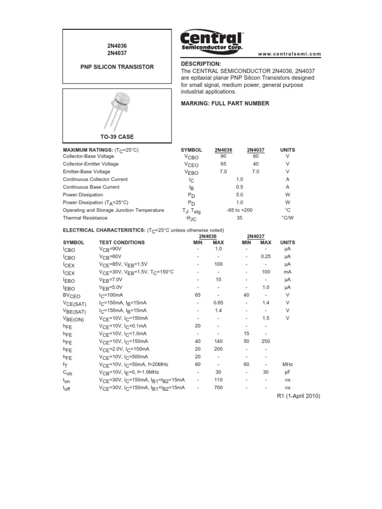 2N4036/2N4037 PNP Transistor Datasheet | PDF | Technology & Engineering