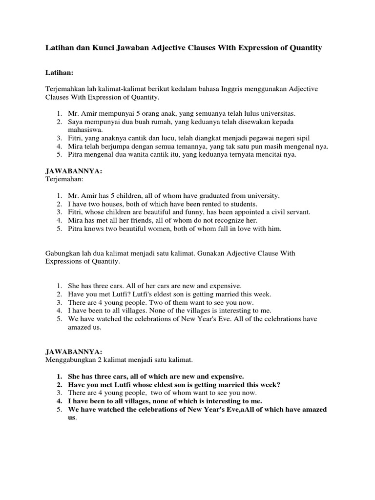 Latihan Dan Kunci Jawaban Adjective Clauses With Expression Of Quantity