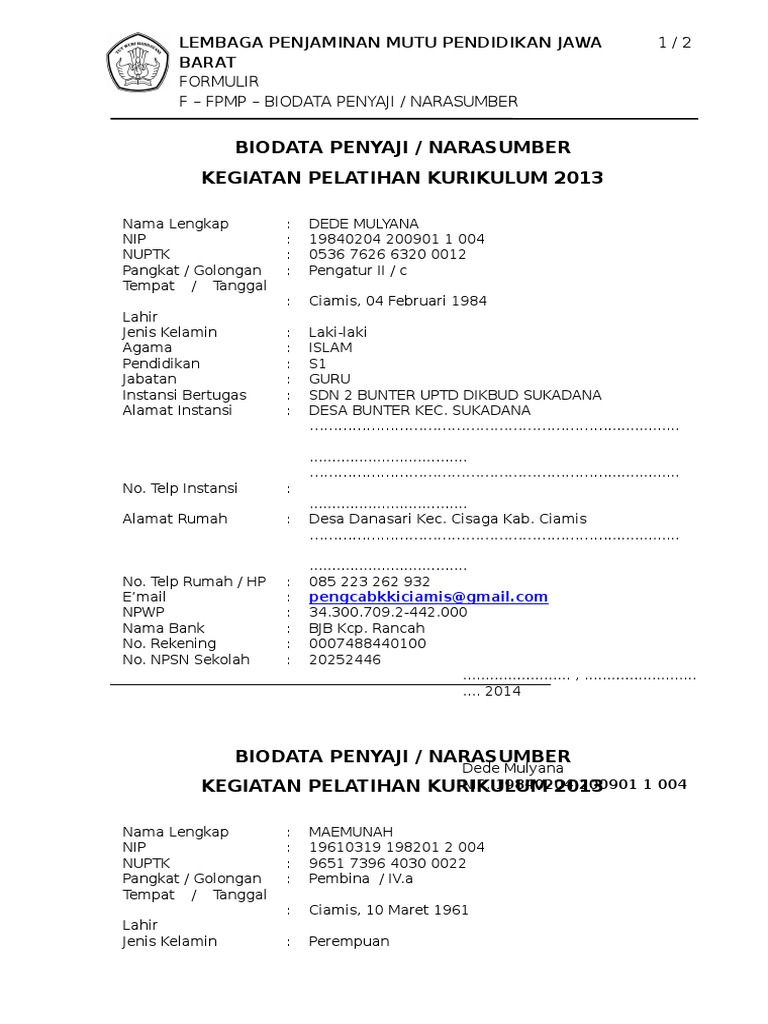 Format Biodata PENYAJI dan NARASUMBER.doc