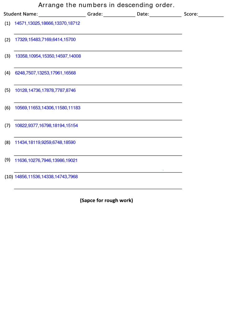 Descending Order Ascending Order Practice Sheet Grade 5 Kids | Pdf