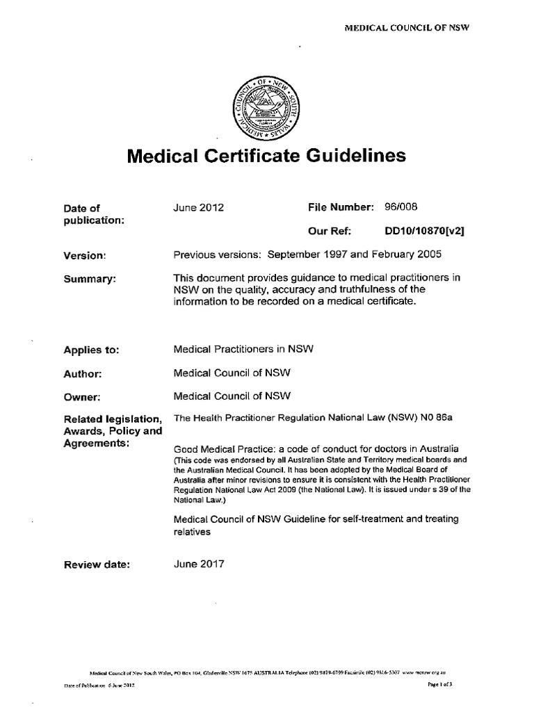 Medical Certificate Guidelines June 2012 Physician New South Wales