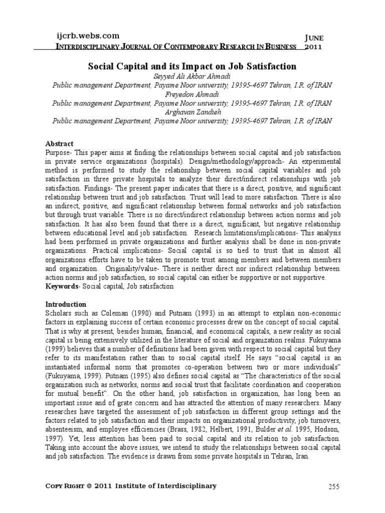Social Capital and Its Impact On Job Satisfaction | PDF | Social ...