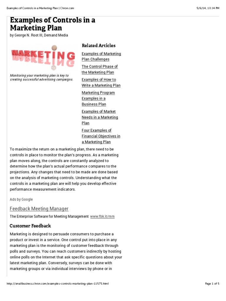 Examples of Controls in A Marketing Plan Marketing Advertising