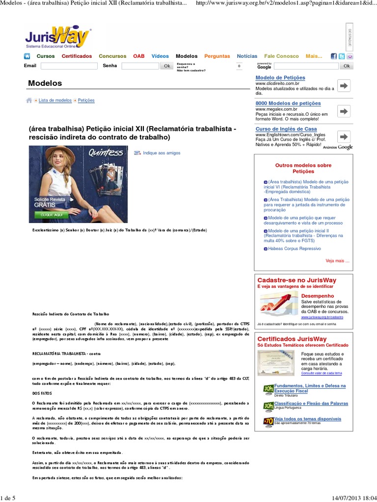 Petição De Rescisão Indireta Do Contrato De Trabalho 