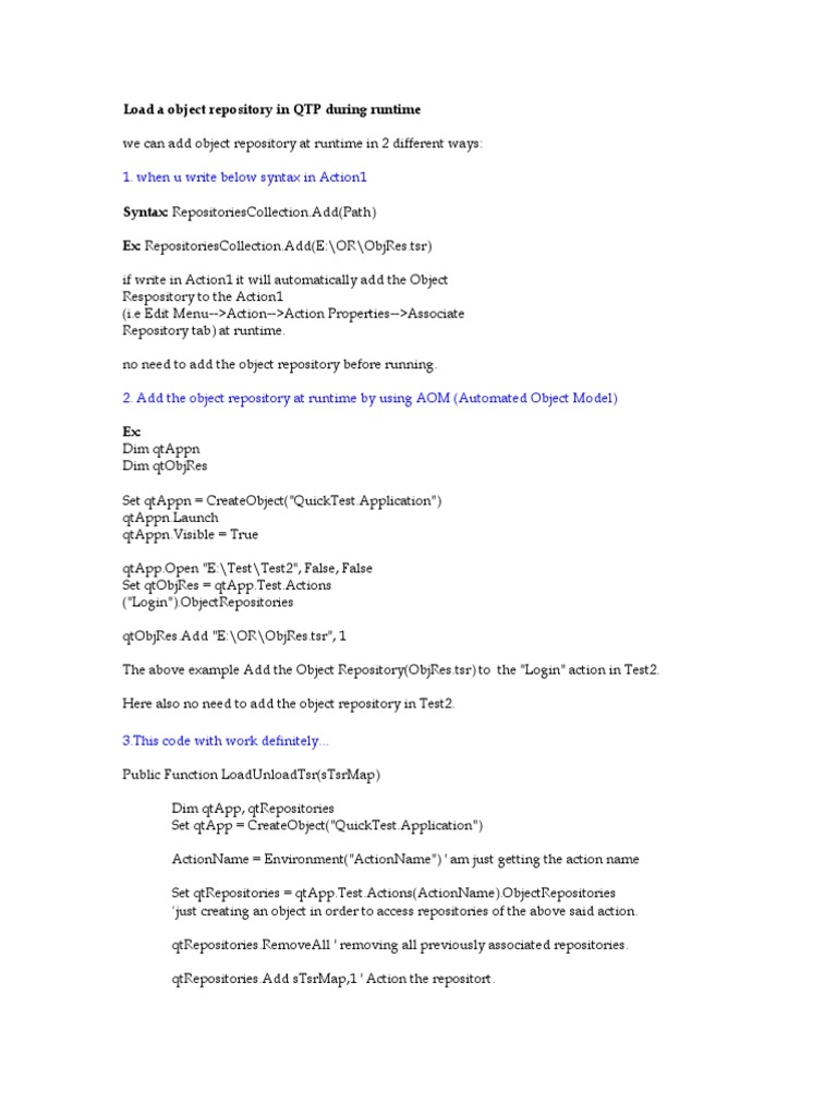 Load A Object Repository in QTP During Runtime | PDF | C (Programming  Language) | Software Repository