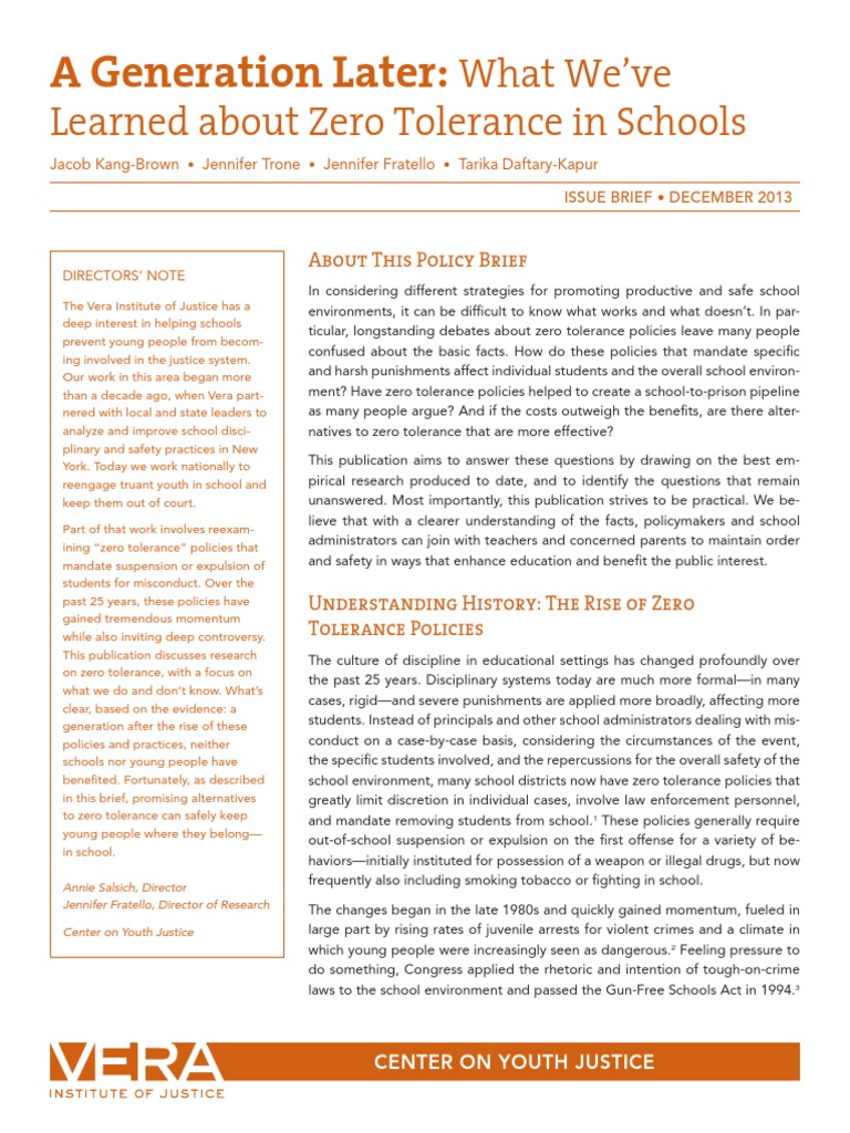 Zero Tolerance in Schools Policy Brief Juvenile Delinquency Social