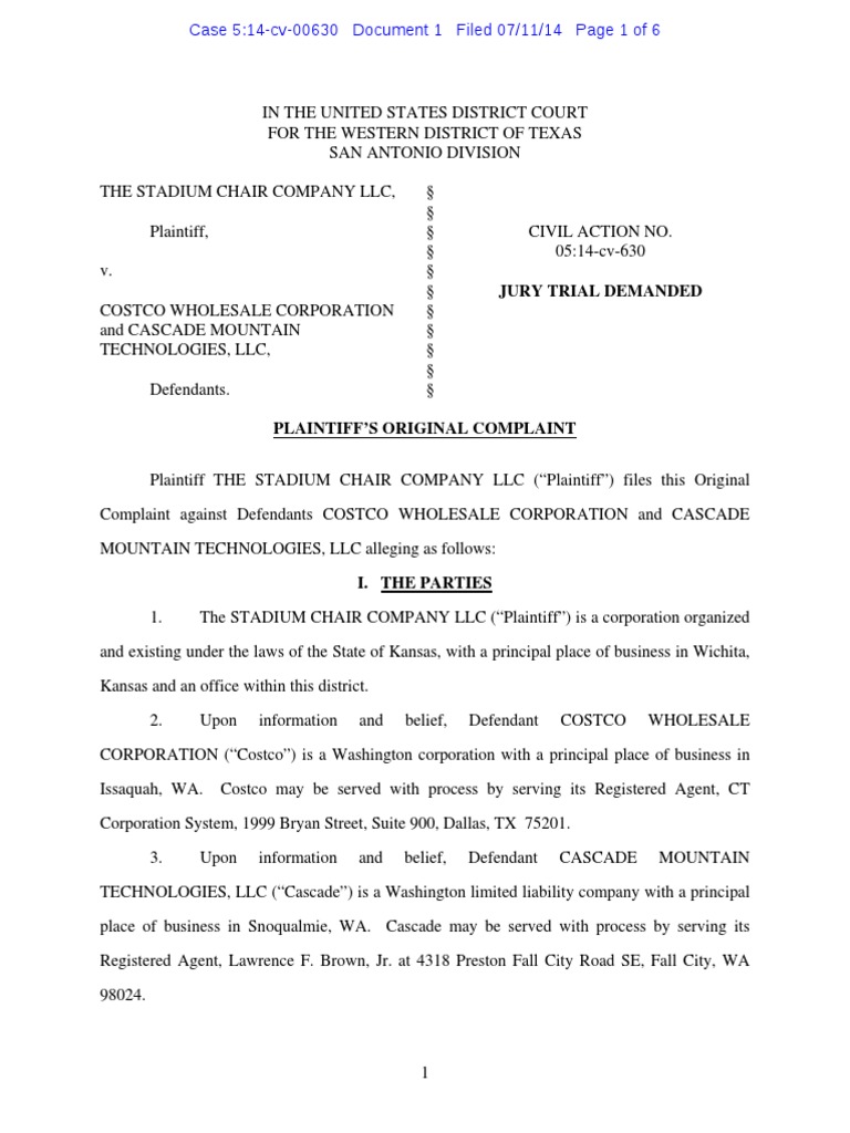 The Stadium Chair Co. v. Costco Complaint PDF Diversity Jurisdiction Lawsuit