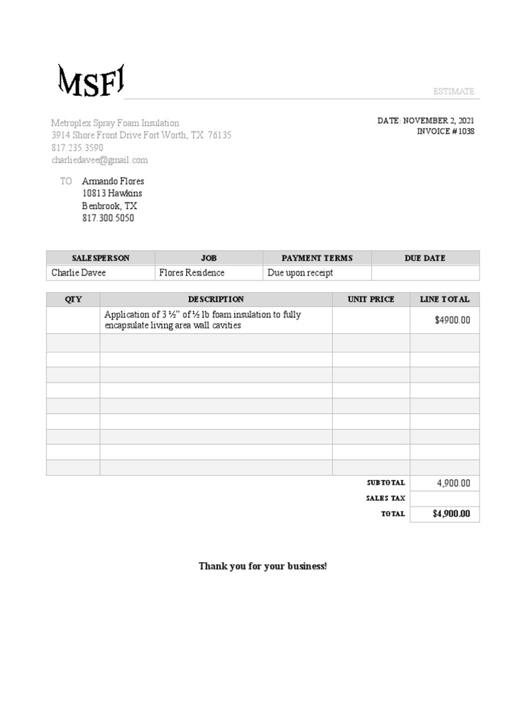 Spray Foam Insulation Estimate | PDF