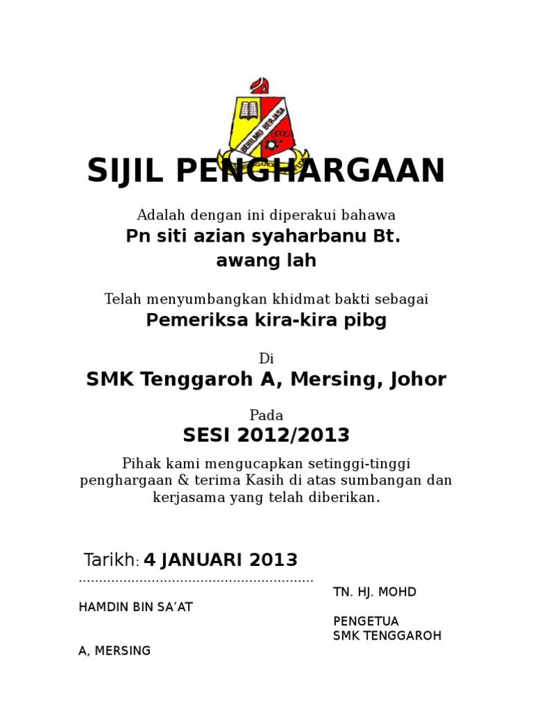 Contoh Sijil Penghargaan Pibg Pdf
