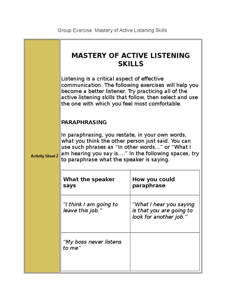 Mastery of Active Listening Skills | PDF | Body Language | Cognitive ...