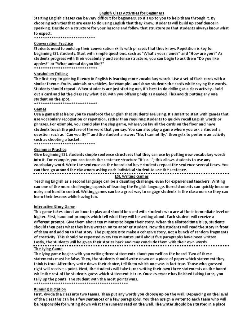 Beginner English Class Activities Guide | PDF | Classroom | English As ...