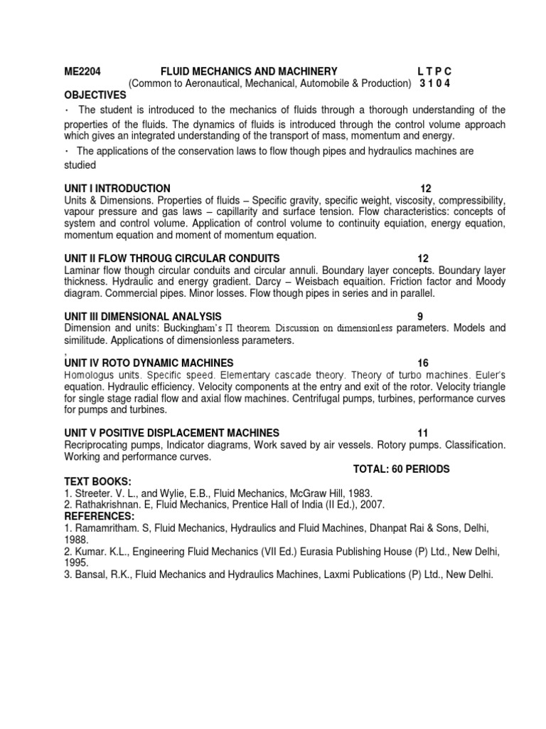 Fluid Mechanics and Machinery Syllabus | PDF | Science & Mathematics
