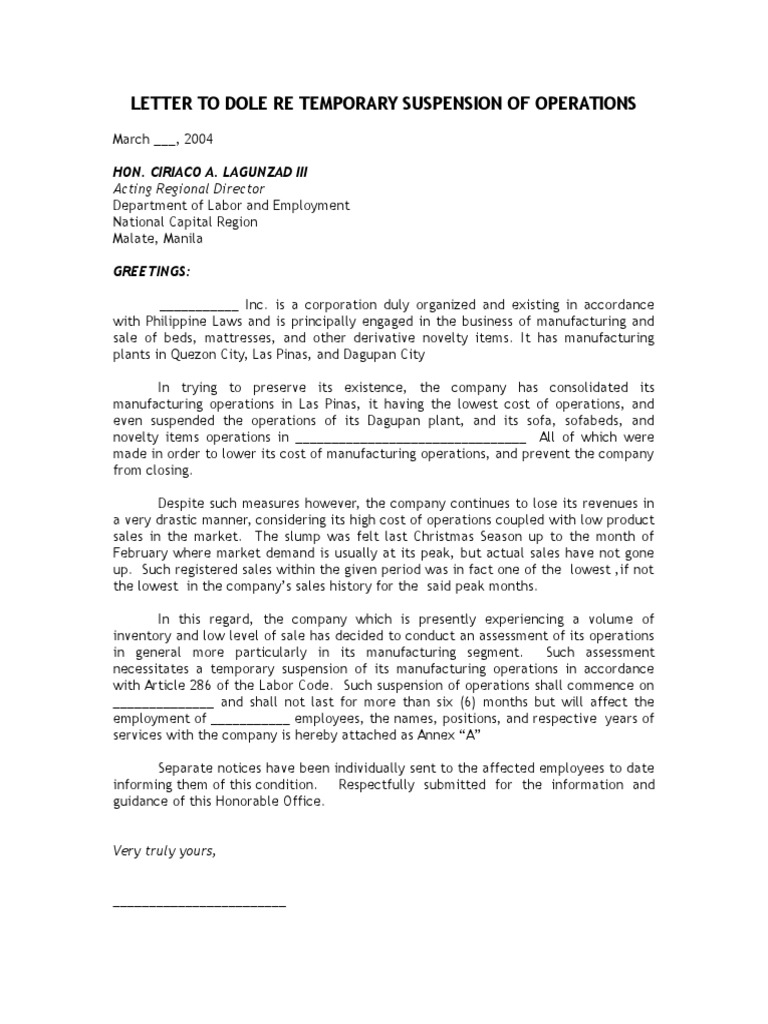 Letter to DOLE Re Temporary Suspension of Operations