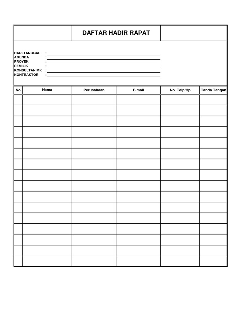 Contoh Daftar Hadir Rapat
