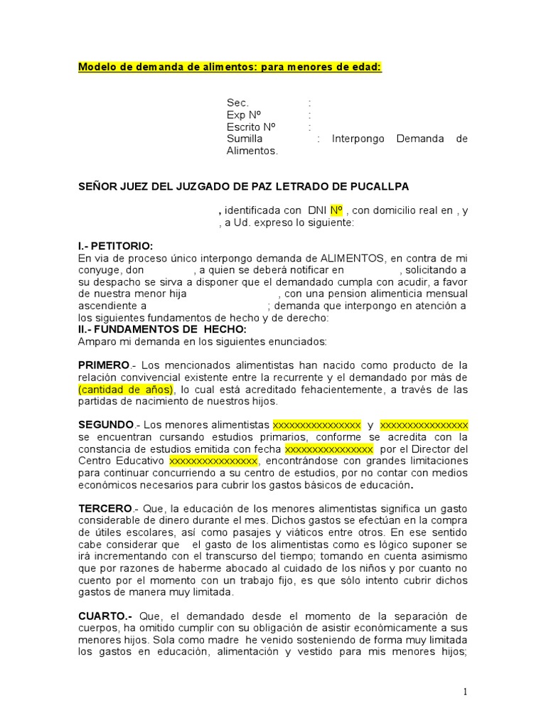 Modelo de Escrito para Demanda de ALIMENTOS PDF Demanda judicial