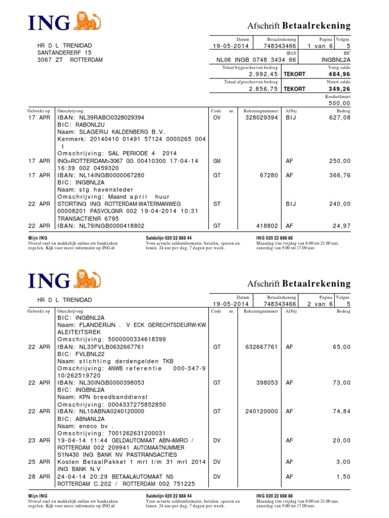 ING - Betaalrekening NL06 INGB 0748 3434 66 - 2014 - 005 | PDF