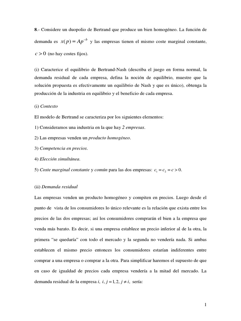 Ejercicio Oligopolio Bertrand | PDF | Monopolio | Mercado (economía)