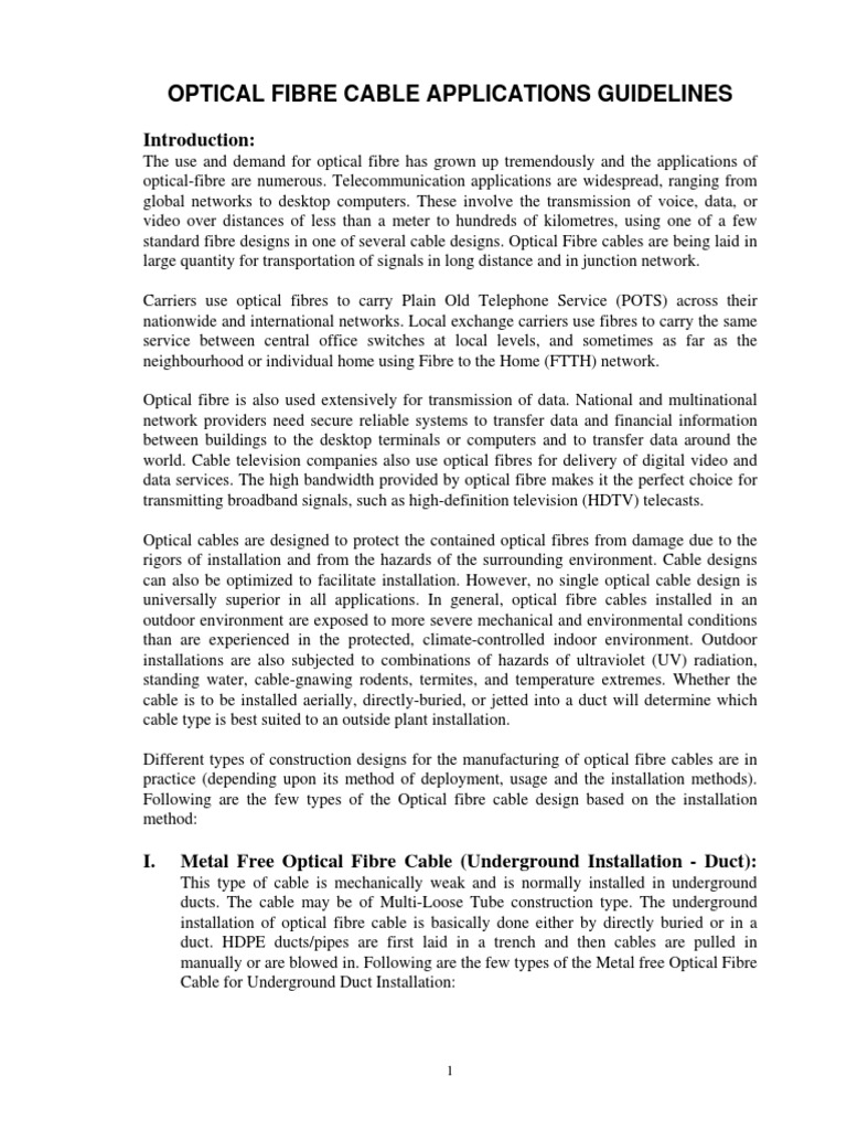 Optical Fibre Cable Application Guidelines | PDF | Cable | Optical Fiber