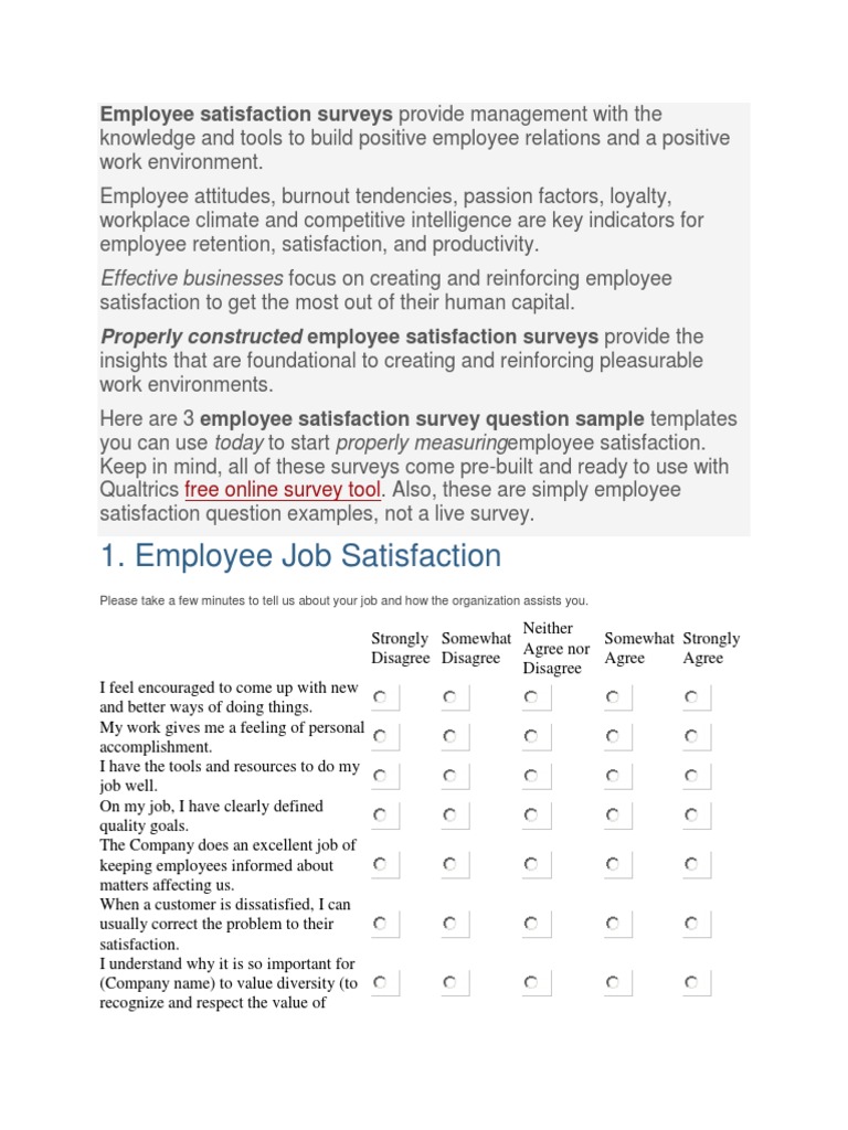 Employee Satisfaction Survey Templates | PDF | Job Satisfaction ...