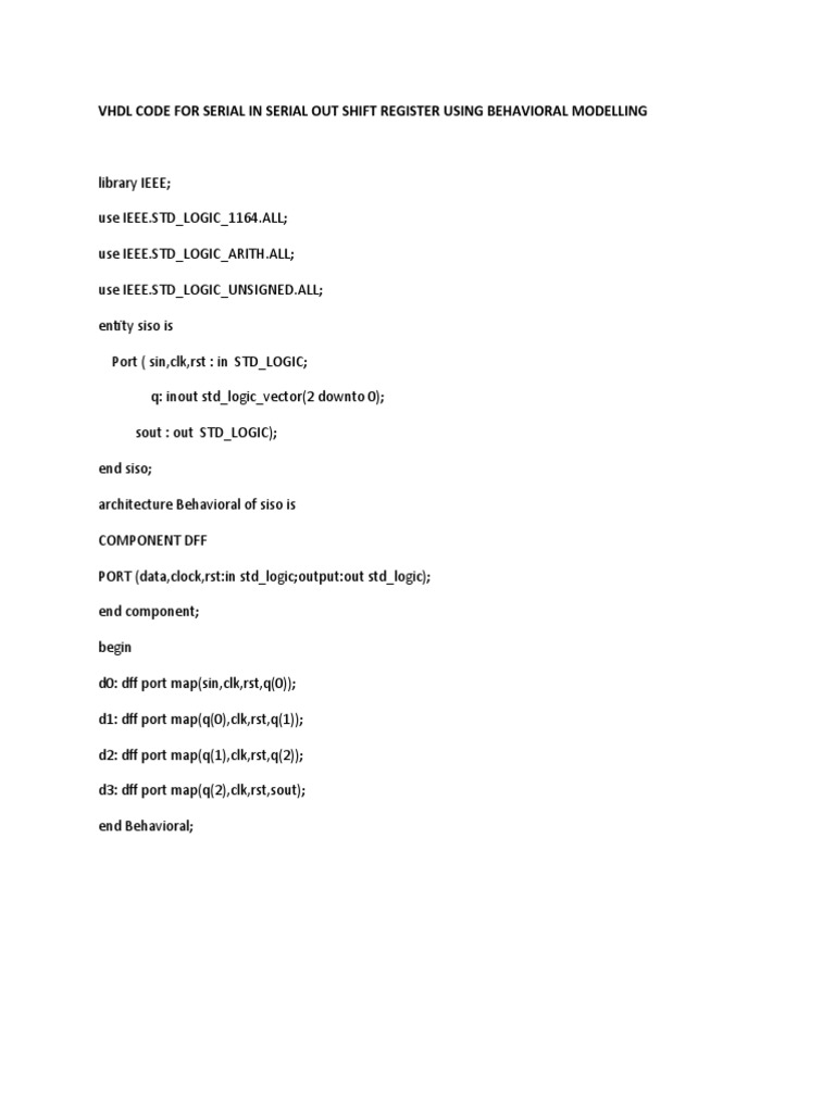 Vhdl Code For Serial In Serial Out Shift Register Using Behavioral Modelling Vhdl Puter Data