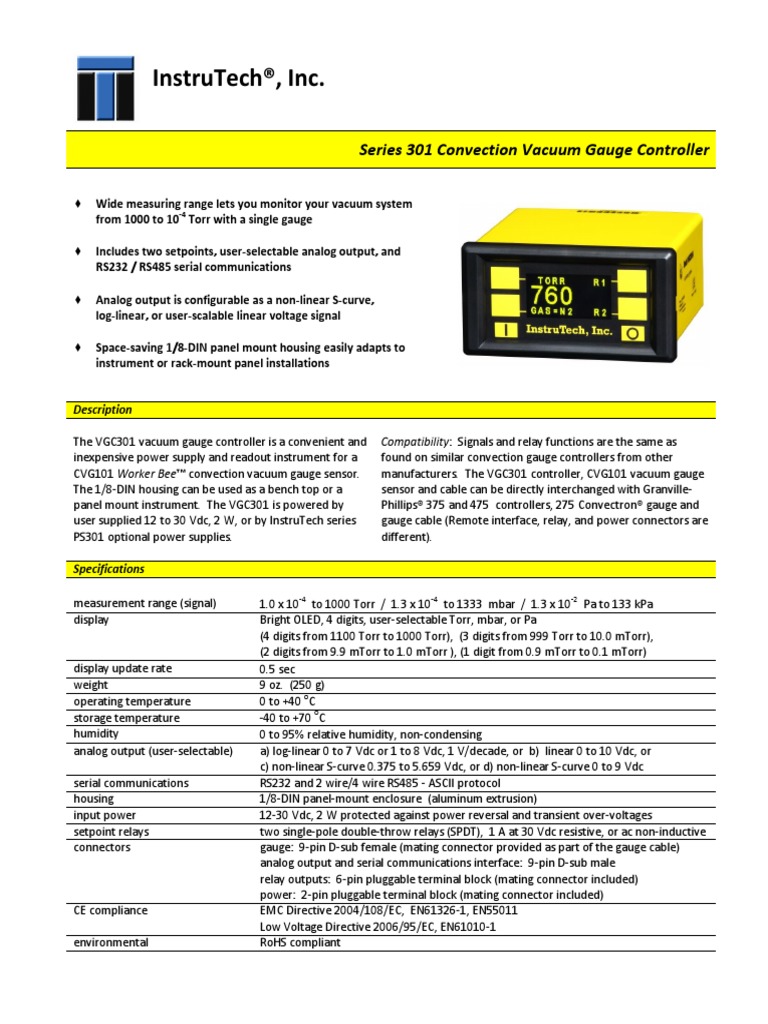 PS301 Convection Vacuum Gauge Controller Power Supply Data Sheet PDF