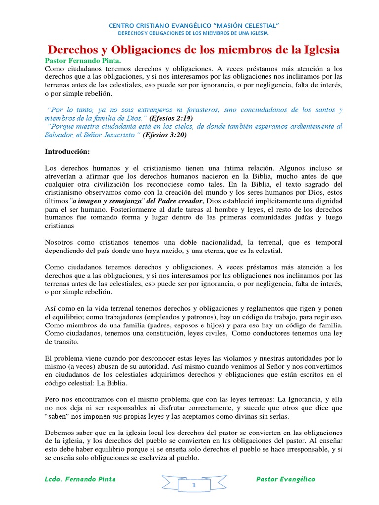 Derechos y Obligaciones de Miembros Iglesia  Cristo 